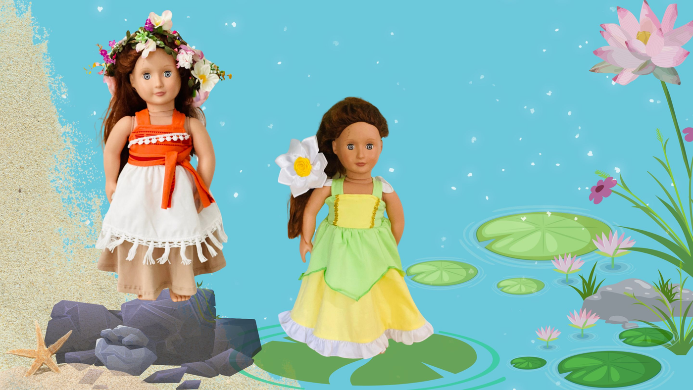 Disney Doll Dress, dolls wearing Disney Princess gowns and dresses