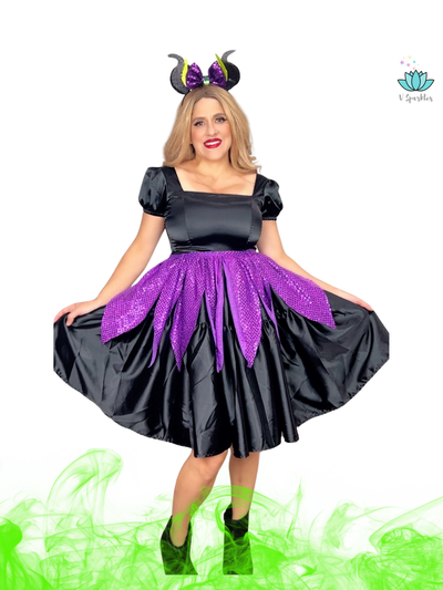 Black Fairy Adult Dress Set for Women – Ideal for Disneybounding and Halloween Events – This Maleficent-inspired black dress set is perfect for adults attending Disneybounding adventures, Halloween parties, or themed gatherings. Available in mid-size and plus-size options.