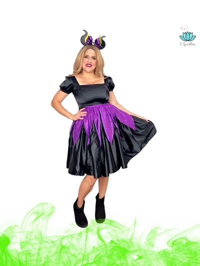 Black Fairy Adult Dress Set – Perfect for Halloween and Disneybounding – Channel your inner Maleficent with this bold black fairy dress set, ideal for Halloween parties, Disneybounding, or special occasions. Available in mid-size and plus-size options.