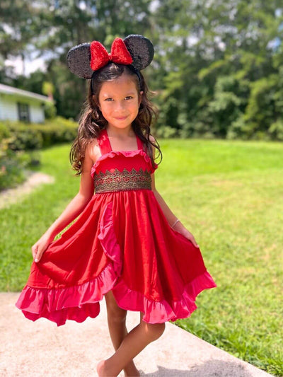 Elena of Avalor-inspired red and pink kids' dress, perfect for Disneybounding, play pretend, or dress up games. Ideal for a birthday dress, Halloween costume, or dress to impress."