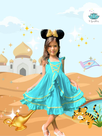 Jasmine-inspired turquoise kids' dress with golden accents, perfect for Disneybounding, play pretend, or dress up games. Ideal for a birthday dress or Halloween costume