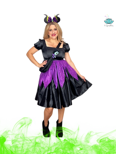 Black Fairy Adult Dress Set for Women – Maleficent-Inspired Holiday Outfit – This stunning black fairy dress set is perfect for creating an elegant Maleficent look for holiday gatherings, Disneybounding adventures, or themed events. Available in mid-size and plus-size options.
