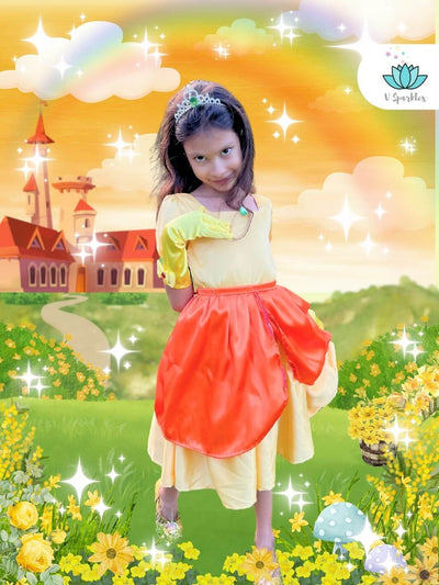 Yellow Princess Video Game Dress Set for Kids – Princess Peach-Inspired Costume – This vibrant yellow dress set is perfect for transforming any little girl into Princess Peach. Ideal for Disneybounding, dress-up games, or birthday parties for toddlers and young girls.