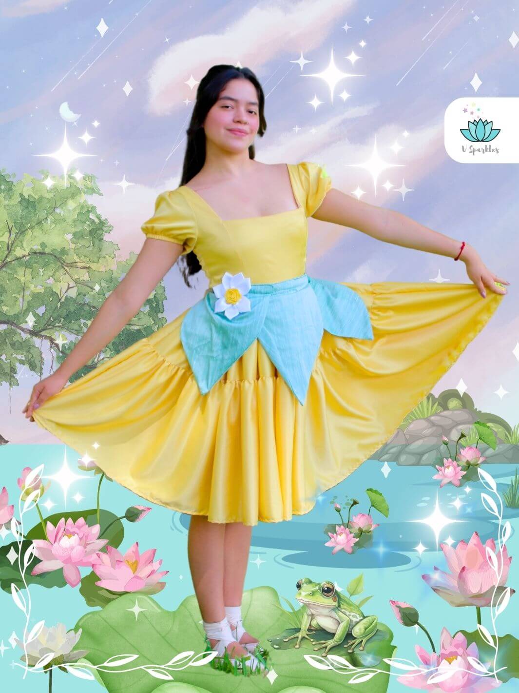 Base Yellow Twirl Dress for Women – Ideal for Disneybounding and Special Events – This Princess Tiana-inspired yellow twirl dress is perfect for adults attending Disneybounding adventures, themed parties, or holiday gatherings. Available in mid-size and plus-size options.