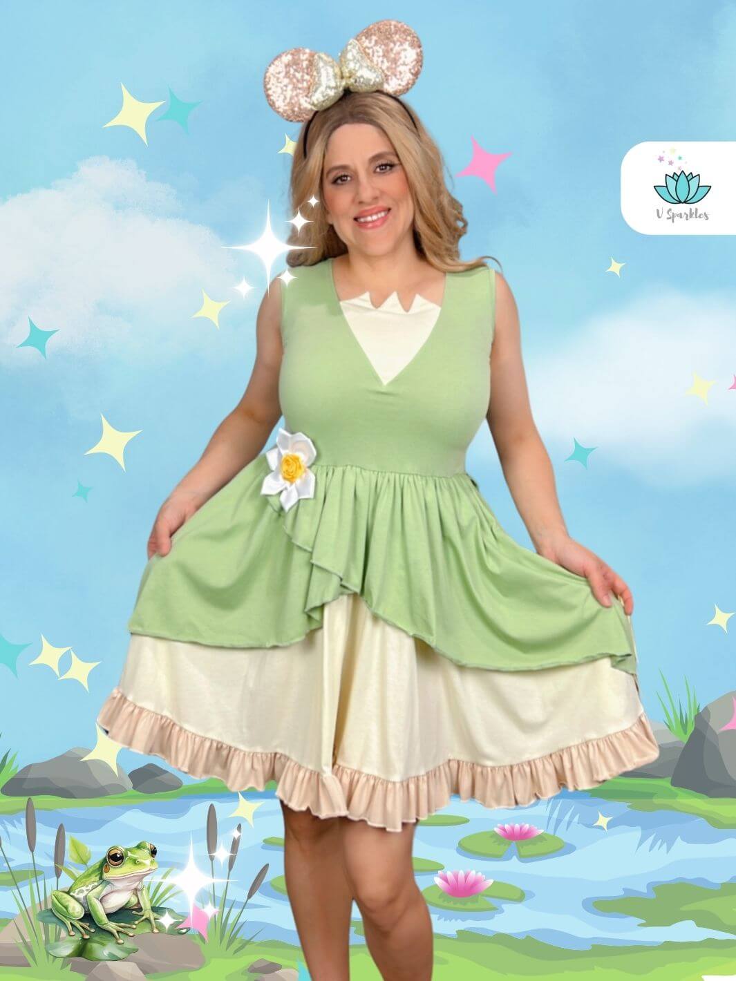 Tiana Disneybound Dress for Adults: This lily pad-inspired Tiana dress is perfect for Disneybounding, making a fashionable and magical choice for fans of The Princess and the Frog.