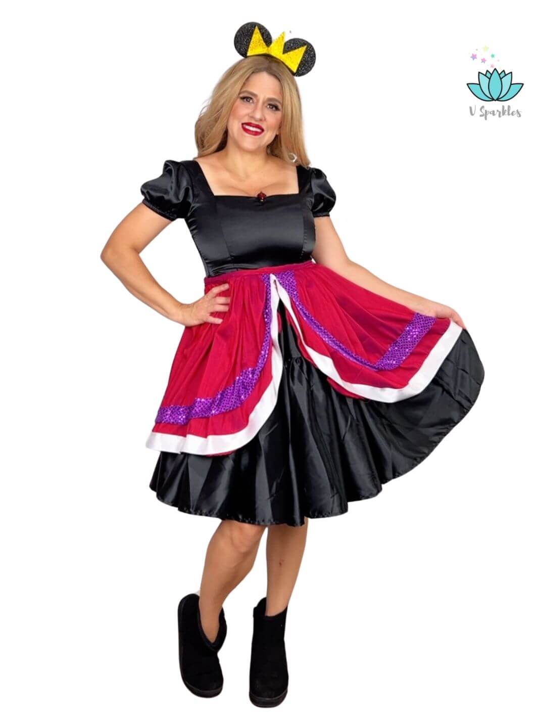 Evil Queen Adult Dress Set – Black Dress with Red Overskirt and Purple Sequins – This black and red Evil Queen-inspired dress set is ideal for adults attending Disneybounding adventures, Halloween parties, or themed events. Available in mid-size and plus-size options.