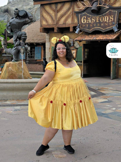 Red Rose Beauty Princess Dress-Up Overskirt for Adults – Easy Belle Costume Transformation – This red rose-inspired overskirt offers an easy transformation into Belle for adults attending Disneybounding or Halloween events. Available in mid-size and plus-size options.