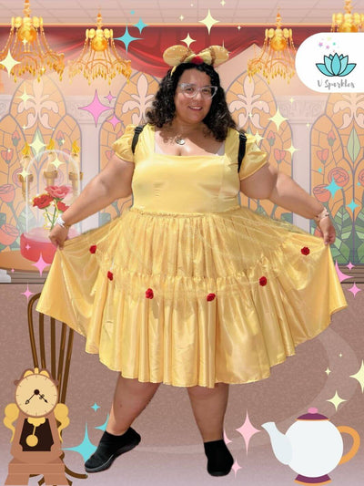 Red Rose Beauty Princess Dress-Up Overskirt for Adults – Belle-Inspired Costume Accessory – This stunning red rose-inspired overskirt is perfect for transforming into Belle. Ideal for Disneybounding, Halloween costumes, or themed holiday events. Available in mid-size and plus-size options.
