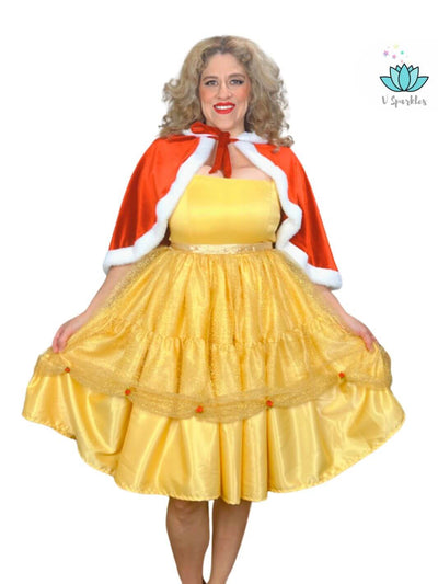 Red Rose Princess Winter Adult Dress Set for Women – Perfect for Winter Disneybounding and Special Occasions – Channel your inner Belle with this elegant red winter dress set, ideal for holiday events, Disneybounding, or winter festivities. Available in mid-size and plus-size options.