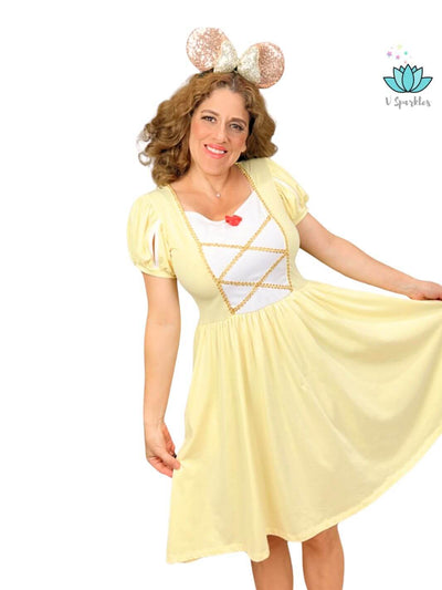 Self-Treat Belle Fashion Dress for Adults: Treat yourself to this beautiful Belle-inspired dress, designed to make you feel like a princess while showcasing fashion-forward elegance.
