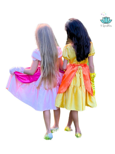 Yellow Princess Video Game Dress Set for Kids – Princess Peach Dress-Up and Pretend Play – This fun yellow dress set is perfect for toddlers and young girls wanting to dress up as Princess Peach. Ideal for Disneybounding, pretend play, and birthday celebrations.