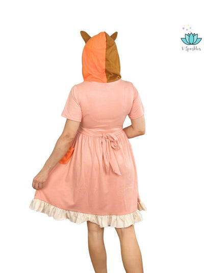 Charming Bingo-themed adult dress featuring a fun hood design, ideal for Disneybounding or as a creative Halloween costume. Great for fashion-forward events and as a special gift