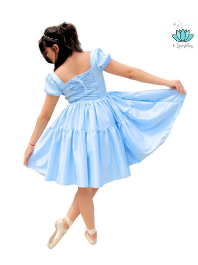 Base Blue Twirl Dress for Women – Easy Cinderella Costume Transformation – This base blue twirl dress offers an easy transformation into Cinderella for adults. Ideal for Disneybounding, Halloween costumes, or holiday celebrations. Available in mid-size and plus-size options.