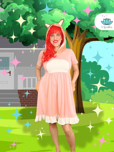 Bingo-inspired adult dress with playful hood and dog ears, perfect for Disneybounding, Halloween costume, or a unique birthday dress. Ideal as a self treat or fashionable gift for fans of Bluey.