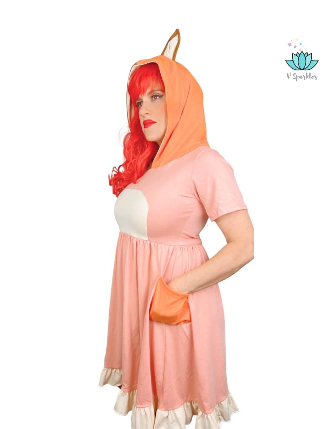 Bingo-inspired adult dress with hood and cute details, designed for Disneybounding, Halloween, or as a birthday dress to impress. Perfect for a self treat or as a gift for Bluey lovers