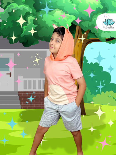 Bluey and Bingo Inspired Disneybounding Outfits: A mother and child wear matching Bluey (adult) and Bingo (kids) outfits perfect for Disneybounding, play pretend, and Halloween costume fun. The boy sports a peach Bingo shirt, while the mom shows off a fashionable Bluey dress ideal for a self treat or gift for any Disney fan