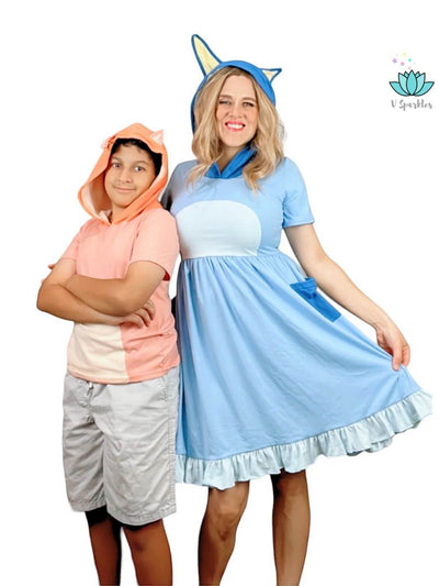 Matching Bluey and Bingo Disneybound Outfits for Dress Up Fun: A Bluey-inspired adult dress and Bingo kids' shirt perfect for matching Disneybounding adventures, Halloween costumes, or birthday celebrations. The Bluey dress is a fashion statement for moms and a perfect gift, while the Bingo shirt encourages kids' dress up game and play pretend