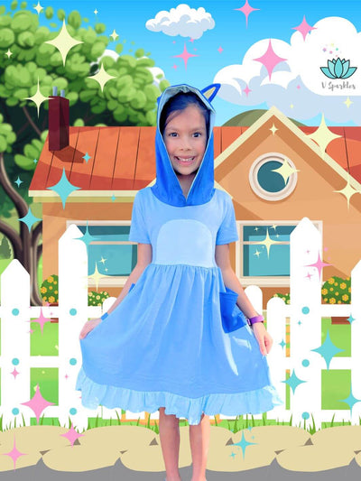 "Bluey-inspired kids dress, perfect for Disneybound adventures, play pretend, or dress-up game, ideal for Halloween costume or birthday dress."