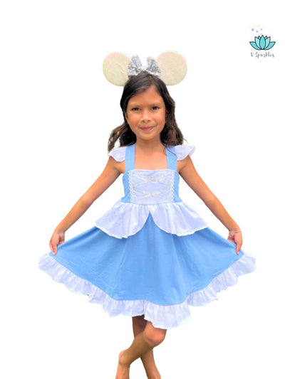 Cinderella Birthday Dress for Girls: A beautiful Cinderella-themed birthday dress for girls, featuring soft blue hues and layered ruffles, perfect for any royal celebration or Disneybounding adventure.