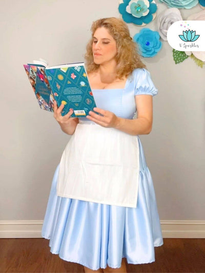 Glass Slipper Adult Dress Set for Women – Cinderella-Inspired Holiday Outfit – This beautiful blue dress set is perfect for creating an elegant Cinderella-inspired look for holiday celebrations, Disneybounding, or themed events. Available in mid-size and plus-size options.