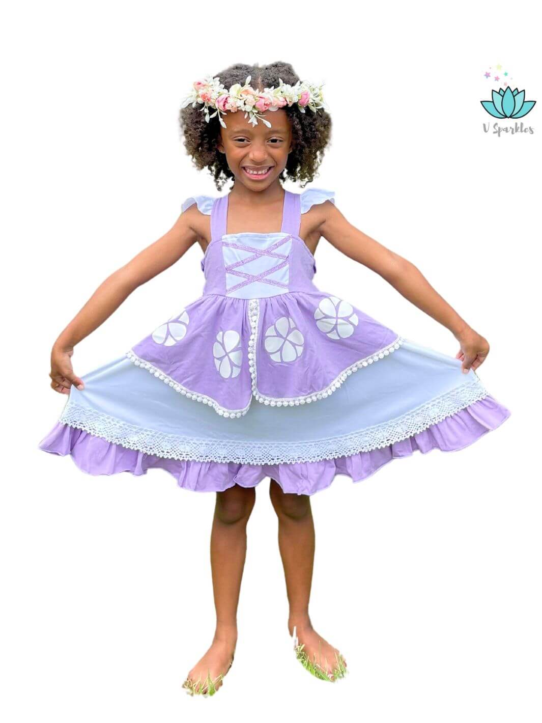 "Disneybound as Princess Sofia with this charming purple kids' dress, ideal for Halloween, birthday dress to impress, or magical playtime fun.