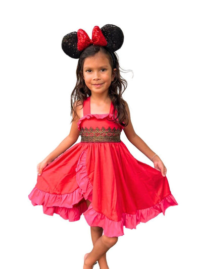 Elena of Avalor-themed kids' dress, featuring red and pink ruffles, great for play pretend, dress to impress, or as a stunning Disneybounding outfit.

