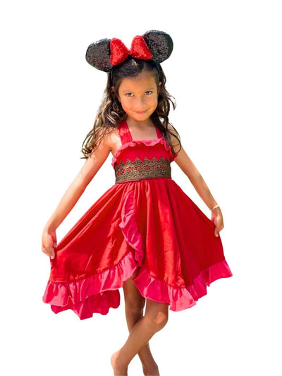 "Beautiful red dress for kids inspired by Elena of Avalor, perfect for Halloween costumes, birthday dress, or Disneybounding adventures. A fun option for play pretend and dress up games.