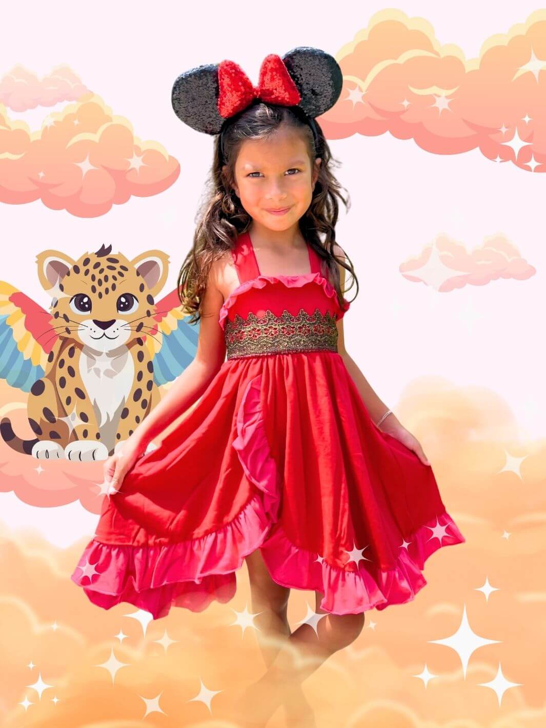"Charming Elena-inspired red dress for kids, designed for Disneybounding or dress up games. Perfect for Halloween, birthday parties, or as a magical gift for little princesses.