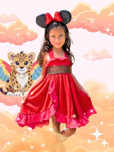 "Charming Elena-inspired red dress for kids, designed for Disneybounding or dress up games. Perfect for Halloween, birthday parties, or as a magical gift for little princesses.