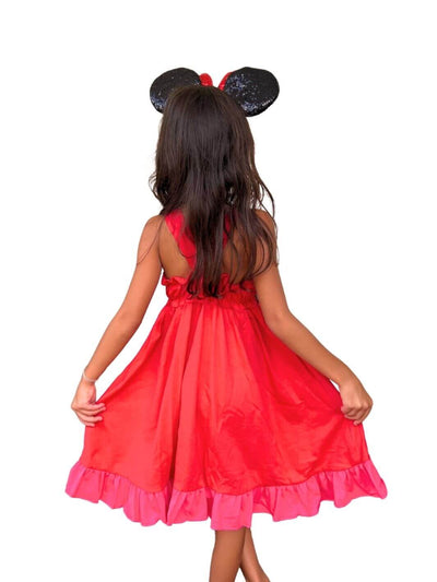 Elena of Avalor-inspired red and pink kids' dress, ideal for birthdays, Disneybounding, or as a Halloween costume. Perfect for dress up games or as a magical gift for Disney fans