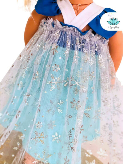 "Charming Elsa doll dress with icy details, designed for dress-up games and Disneybounding. Ideal for a winter-themed Halloween costume, birthday dress, or as a magical gift.