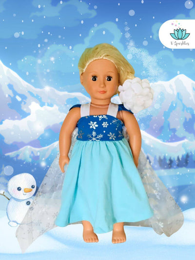 "Elsa-inspired doll dress with snowflake details, perfect for Disneybounding or dress-up games. A magical Halloween costume or birthday dress for kids who love play pretend.