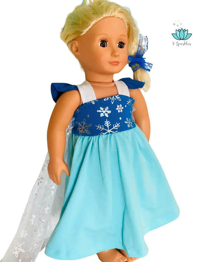 "Elegant Elsa-inspired doll dress with snow-themed accents, perfect for Disneybounding or play pretend. Great for kids' Halloween costumes, birthday parties, or as a fun fashion gift.