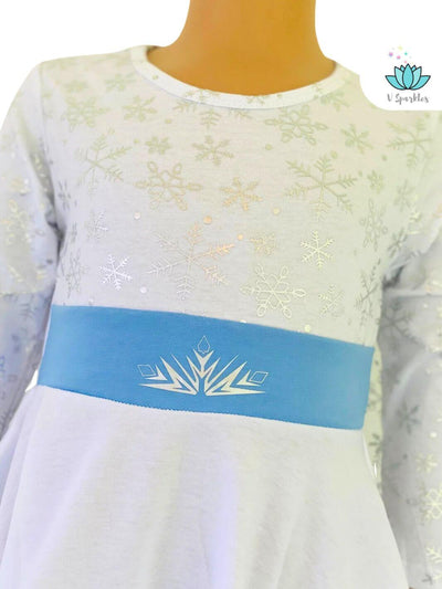 Elsa Themed Dress for Disneybound Adventures: A whimsical Elsa-inspired dress, featuring intricate snowflake embroidery and a flowing skirt, perfect for Disneybounding, birthday celebrations, or Halloween costumes. Ideal for imaginative play pretend and dress-up games, this outfit is a great gift for young Frozen fans.