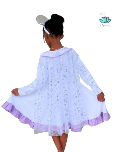 Elsa Frozen Birthday Dress for Dress-Up and Play Pretend: A stunning Elsa-inspired dress featuring wintery snowflakes and a lovely purple ruffle, ideal for Disneybounding, birthday parties, or Halloween fun. Perfect for dress-up games, this outfit makes an excellent self treat or gift for kids who love Frozen.