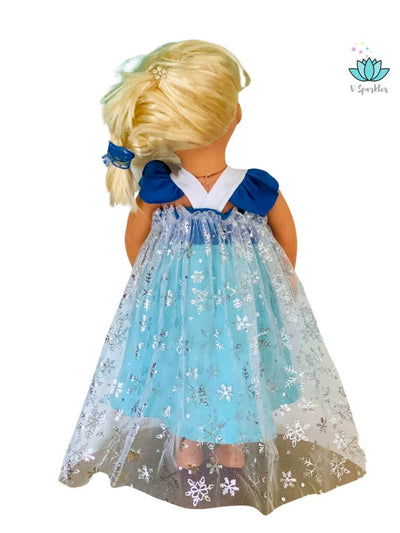 "Frozen-themed Elsa doll dress with a flowing cape, great for Disneybounding adventures, Halloween costumes, or dress-up play. A wonderful birthday dress or self-treat for doll collectors.