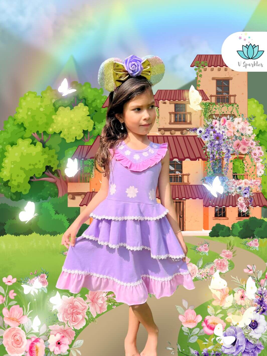 Isabela Madrigal Disneybound Kids Dress: A charming Isabela-inspired Disneybounding outfit for kids, perfect for dress-up games, Halloween costumes, or birthday celebrations. This layered floral dress is ideal for pretend play and special occasions.