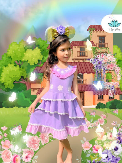 Isabela Madrigal Disneybound Kids Dress: A charming Isabela-inspired Disneybounding outfit for kids, perfect for dress-up games, Halloween costumes, or birthday celebrations. This layered floral dress is ideal for pretend play and special occasions.