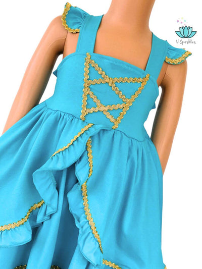 Charming turquoise dress with gold embellishments, inspired by Princess Jasmine, perfect for play pretend, Disneybounding, or a magical birthday dress."