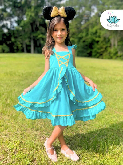 Princess Jasmine-inspired turquoise dress for kids, designed for Disneybounding and dress to impress at any event. Perfect for Halloween, birthdays, and dress up games