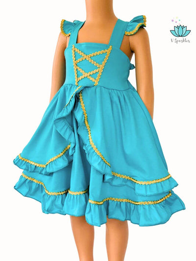 Turquoise and gold Jasmine-inspired kids' dress, perfect for birthday parties, Halloween costumes, or magical Disneybounding adventures. A fun option for play pretend and dress up games.