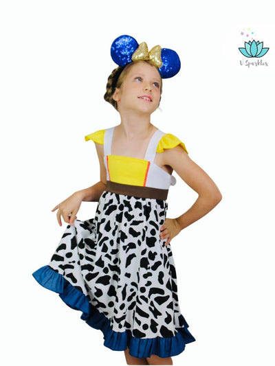 "Jessie cowgirl dress for kids, ideal for Halloween costume, birthday parties, or imaginative play. A fun and fashionable gift for little Disney fans.