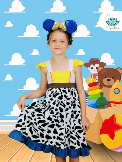 "Jessie-inspired kids' dress perfect for Disneybounding outfit, Halloween costume, or birthday dress. Ideal for play pretend and dress-up games.