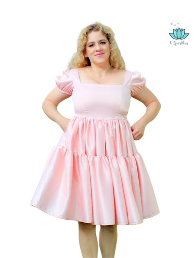 Base Pink Twirl Dress for Adults – Ideal for Princess Peach Transformations – This versatile pink twirl dress provides the perfect base for transforming into Princess Peach, great for Disneybounding or Halloween parties. Available in mid-size and plus-size options.