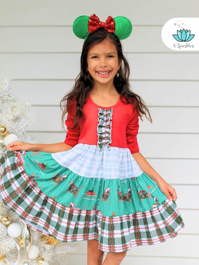 "Charming plaid reindeer Christmas dress for kids, designed for Disneybounding, holiday parties, or as a birthday dress to impress. Great for play pretend and holiday events.