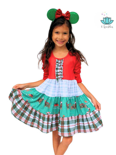 "Adorable plaid reindeer-themed dress for kids, ideal for Disneybounding adventures, Christmas celebrations, or as a festive Halloween costume.