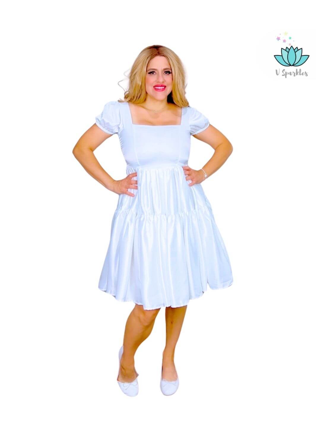 Base White Twirl Dress for Adults – Complete Elsa Transformation – Channel your inner Elsa with this stunning white base twirl dress. Perfect for Disneybounding, Halloween parties, or holiday celebrations. Available in mid-size and plus-size options.