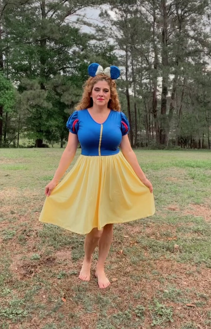 Snow White dress, Snow White princess dress, model walking wearing Snow White Dress. 