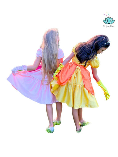 Yellow Princess Video Game Dress Set for Girls – Matching Mother and Daughter Outfit – Create a magical matching mother and daughter Disneybounding look with this Princess Peach-inspired dress set for kids. Perfect for toddler girls for Halloween costumes or special occasions.