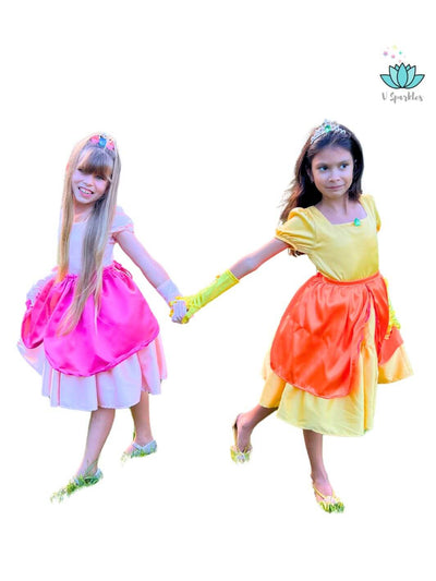 Yellow Princess Video Game Dress Set for Kids – Ideal for Disneybounding and Special Occasions – This Princess Peach-inspired yellow dress set is perfect for toddlers and young girls attending Disneybounding adventures, holiday events, or birthday parties.